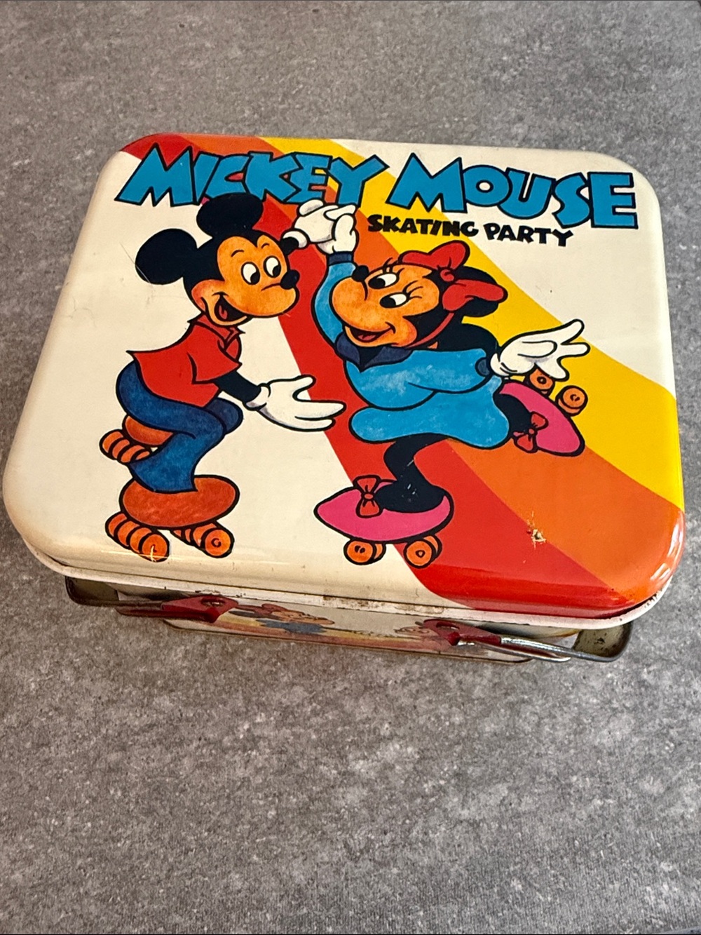 Disney's Mickey Mouse Skating Party Tin Lunch Box full of crayola pencils